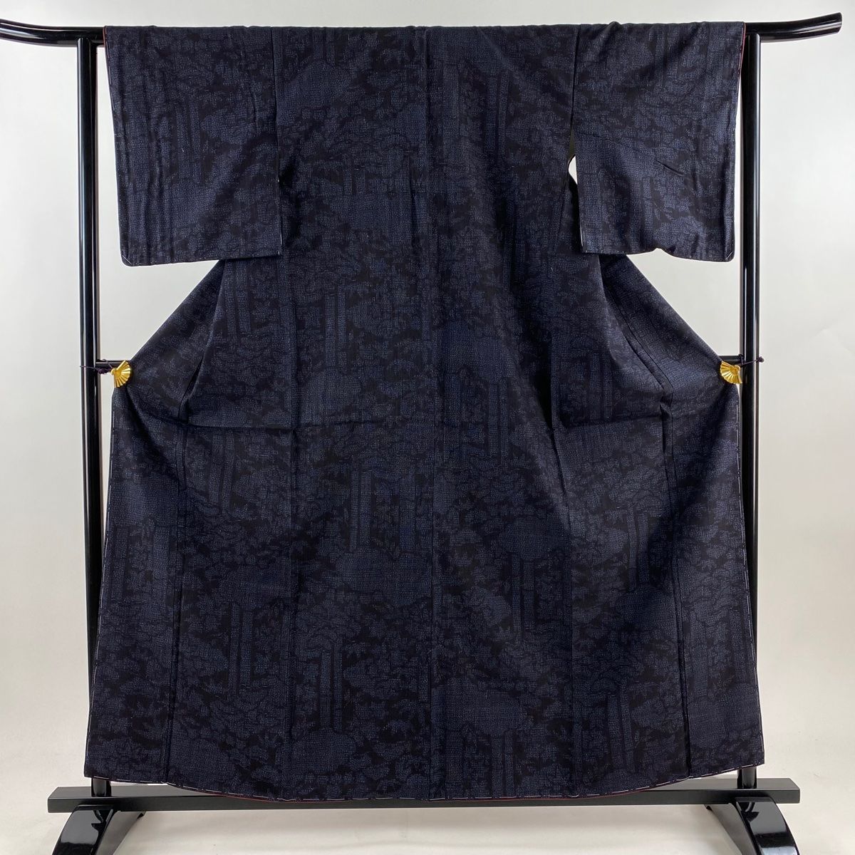 結城紬 身丈159cm 裄丈63cm S 袷 本場結城紬 証紙 笠松 竹 濃紺 正絹