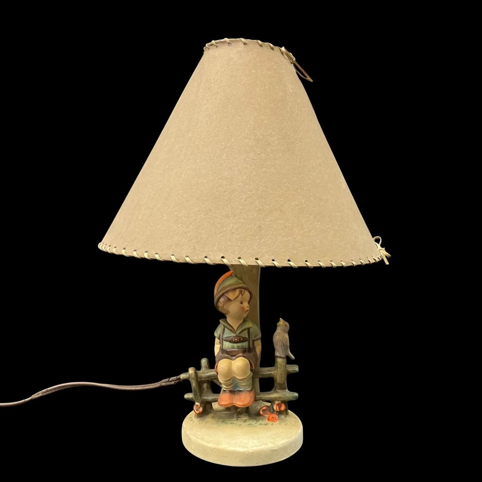 ヴィンテージ 卓上ランプ 少年と鳥のフィギュア付き 陶器ベース