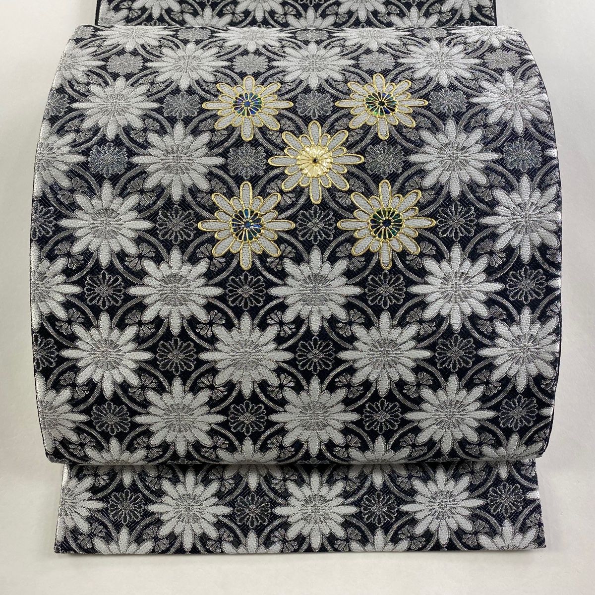 袋帯 藤本隆士 落款 花 螺鈿 銀糸 黒 お太鼓柄 正絹