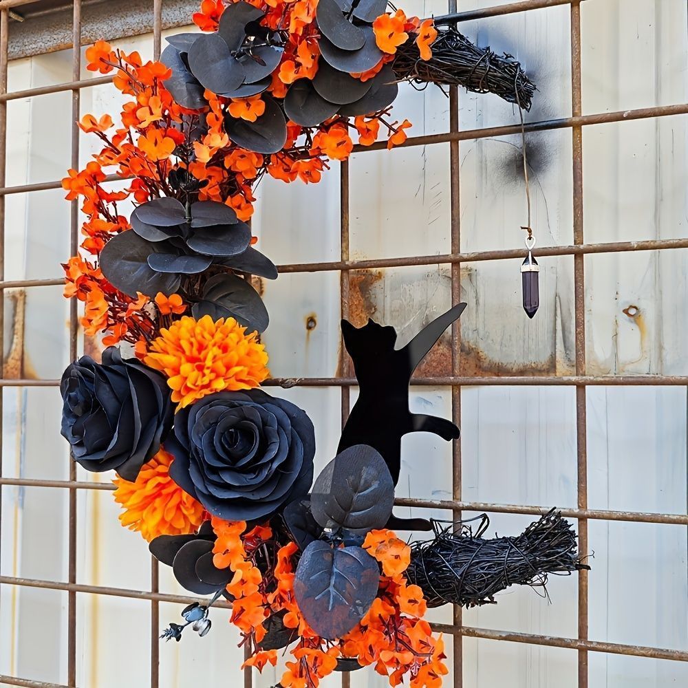 ハロウィンリース　オーナメント　ハンドメイド　三日月リース　クレセント　黒猫 ハロウィンリース オーナメント ハンドメイド 三日月リース