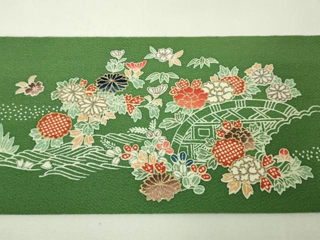 平和屋本店□極上 九寸名古屋帯 駒刺繍 御所解文 老竹色地 金彩 鬼しぼ