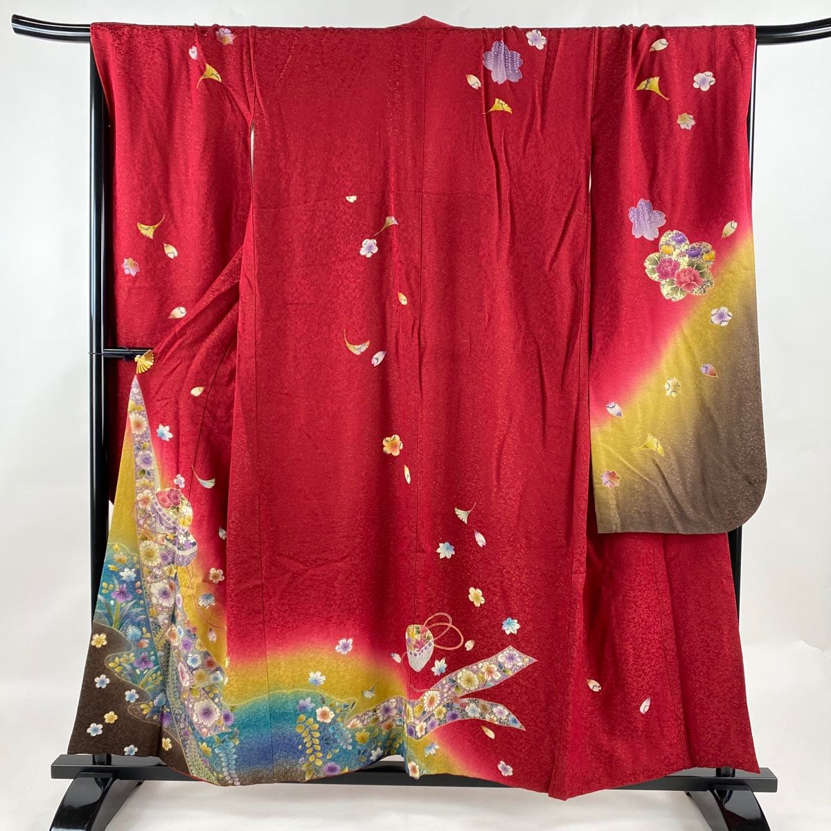 振袖 身丈154.5cm 裄丈70.5cm L 袷 鞠 草花 金彩 金通し 赤 正絹 名品  