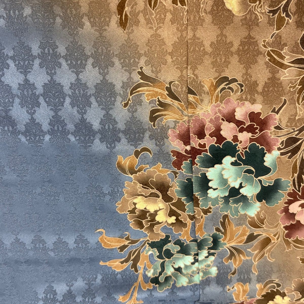 訪問着 身丈162.5cm 裄丈66cm M 袷 草花 地紋 染め分け ぼかし 青灰色