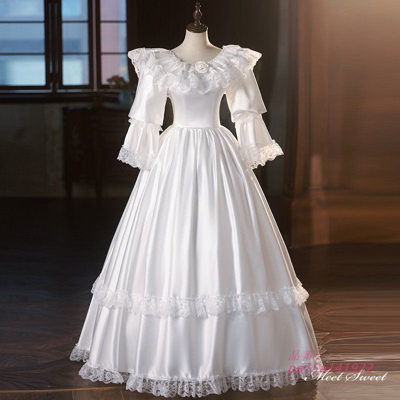 ウェディングドレス ロングドレス プリンセスドレス フリル レトロ Aラインドレス 花嫁 長袖 ウエディングドレス 結婚式 サテン ブライダル 二次会 前撮り pai5a141922