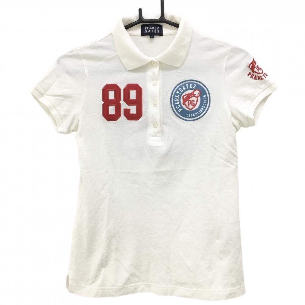 【美品】パーリーゲイツ 半袖ポロシャツ 白×レッド バックロゴプリント コットン100％ レディース 0(S) ゴルフウェア PEARLY GATES