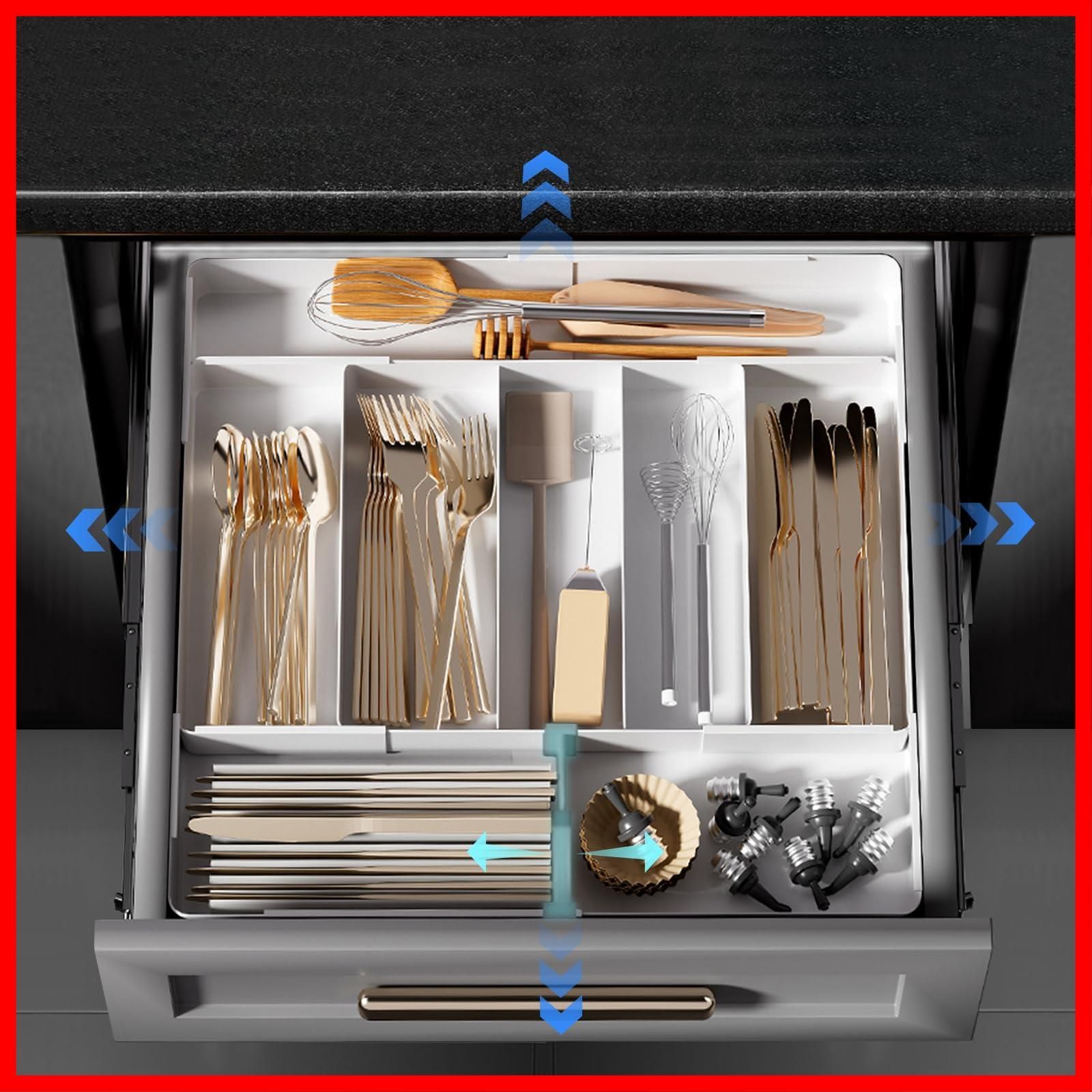 数量 収納 カトラリー 取外し W27~51×D27~51×H5 引き出し 引き出し ホワイト キッチン収納 お手入れ簡単 仕切り 4面伸縮 カトラリートレー 調節 伸縮 カトラリーケース ママ倉