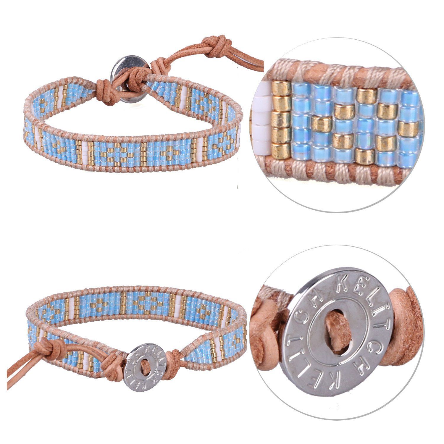 数量 KELITCHシェルシードビーズブレスレットブラウンレザーシングルラップブレスレットファッションカフ