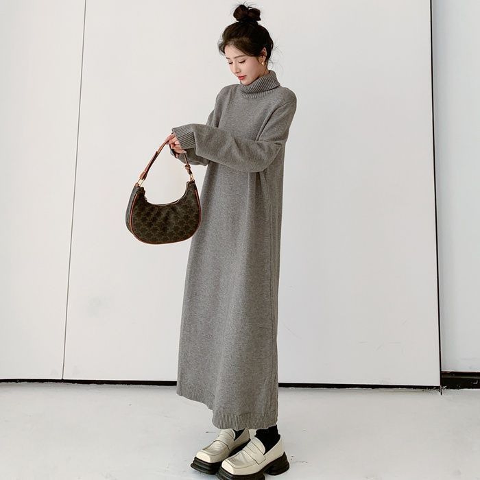 ニット ワンピース レディース マキシ丈 ワンピース 春 秋 冬 ハイネック ニット ワンピース ロング丈 ワンピース 長袖 ゆったり ニットワンピース 体型カバー お呼ばれ 可愛い 大きいサイズ
