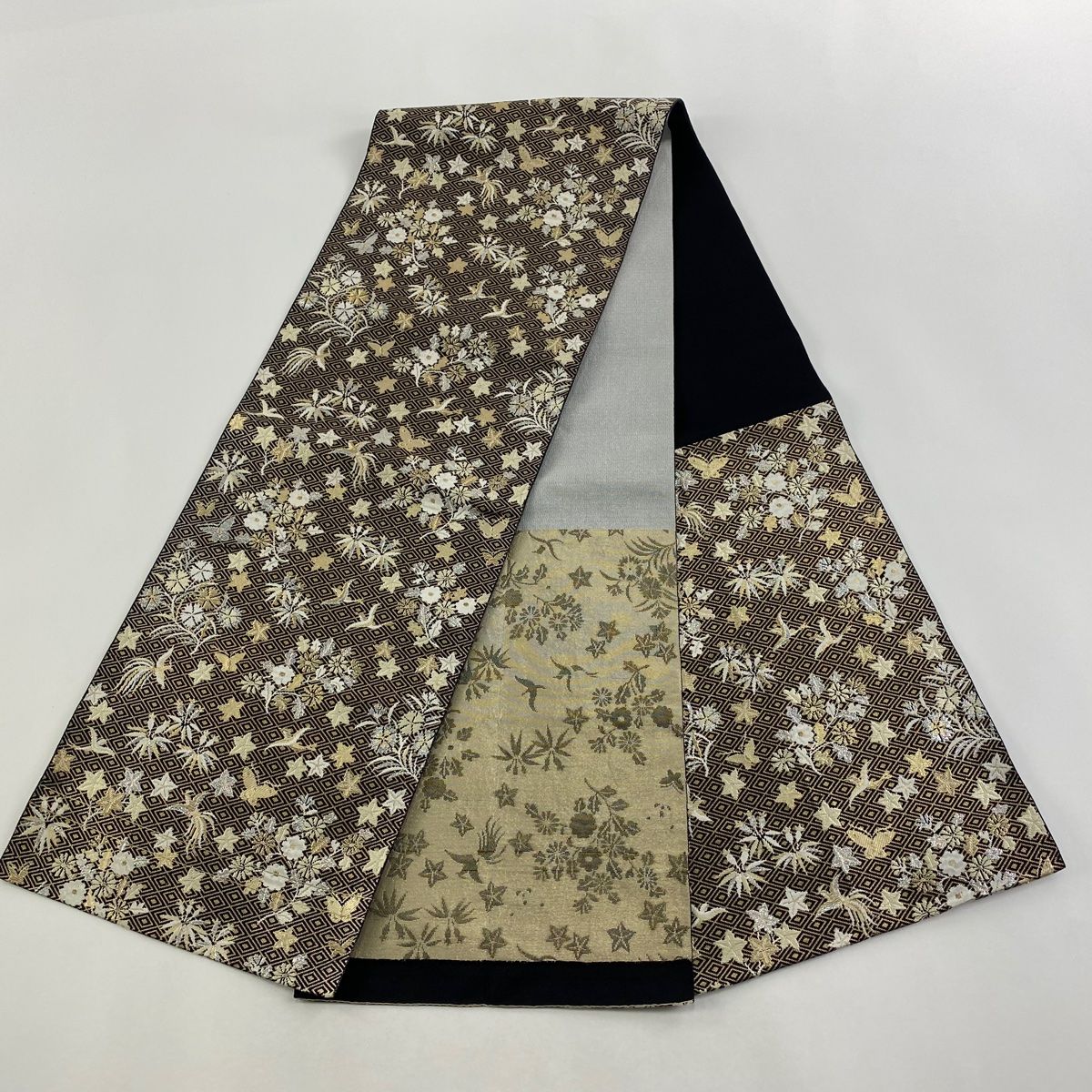 【八寸名古屋帯】ホロホロ鳥模様　鳥 織り　八寸かがり帯 珠鶏 正絹 アンティーク 鳥模様 八寸名古屋帯 正絹】 八寸名古屋帯】ホロホロ鳥模様 鳥 織り