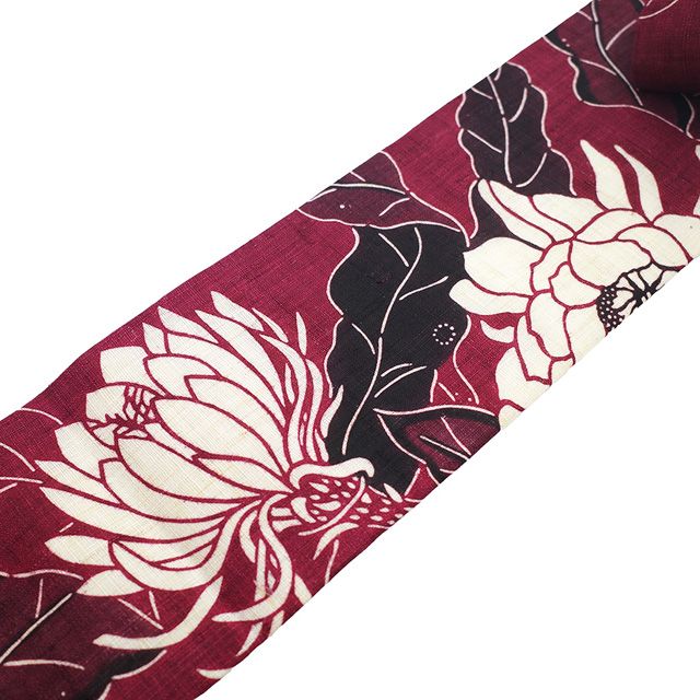 麻 夏 名古屋帯 二部式帯 栗山吉三郎 紅型調 極上 逸品 未使用品 夏物 名古屋帯 未使用 栗山吉三郎 本大麻 和染紅型 麻 ワイン