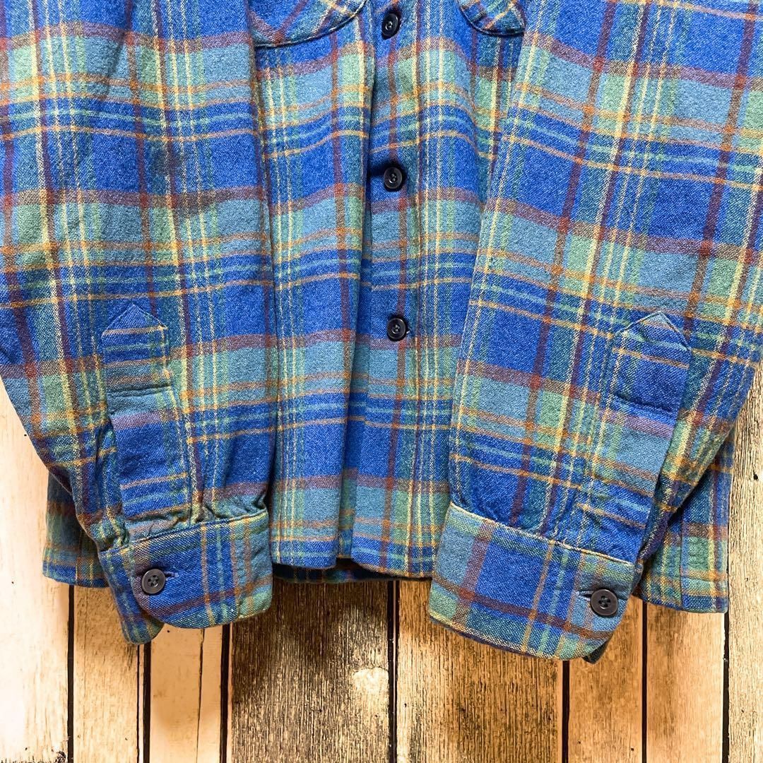 し*ん様 【美品】70s PENDLETON 青白チェック ネルシャツ 70年代当時物》ペンドルトン PENDLETON 緑青☆ネルシャツ S