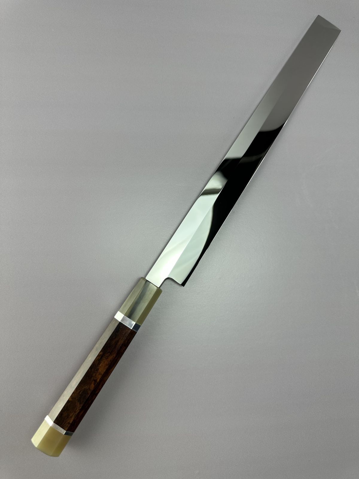 森本光一作 左用 刺身 切付 青鋼 紋鍛錬 尺 紫檀白水牛八角