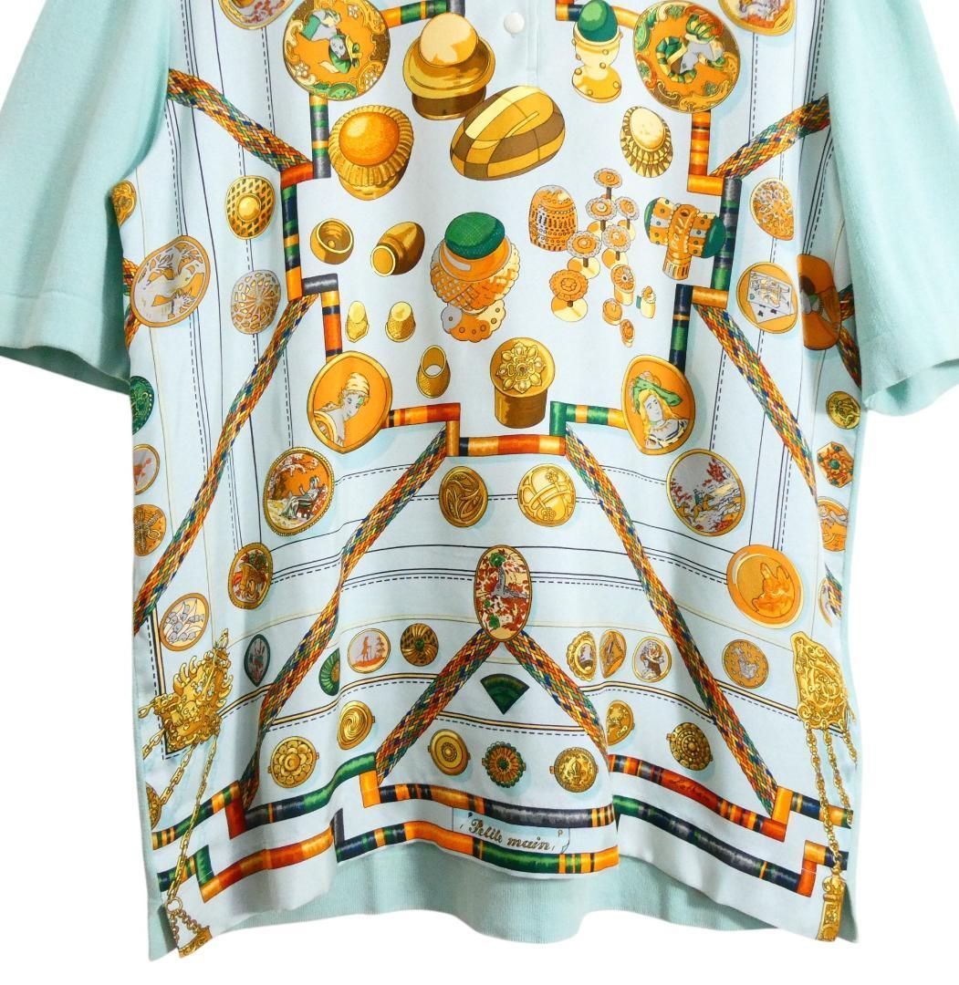 美品 HERMES エルメス サイズL シルク切り替え カシミヤ混 総柄 ハーフ