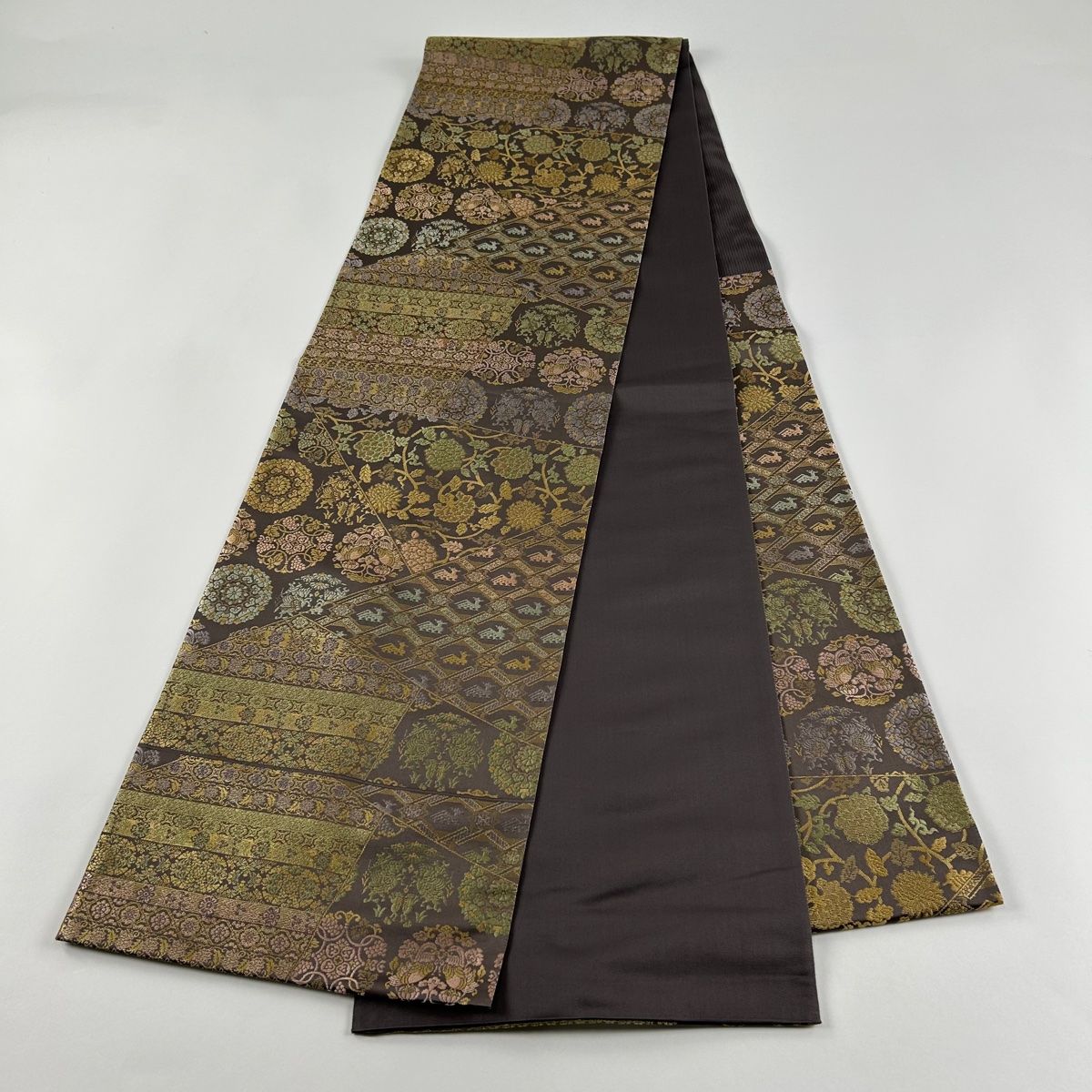 ち514】西陣美品 抽象文 樺茶色雀茶色地 正絹六通高級