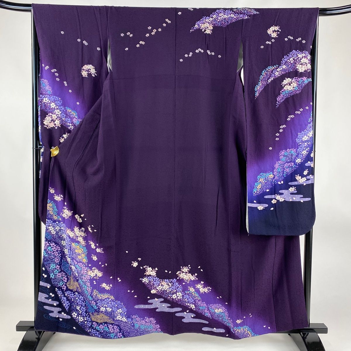 振袖 身丈159.5cm 裄丈66cm M 袷 鈴乃屋 桜 ヱ霞 金彩 絞り 濃紫 正絹  
