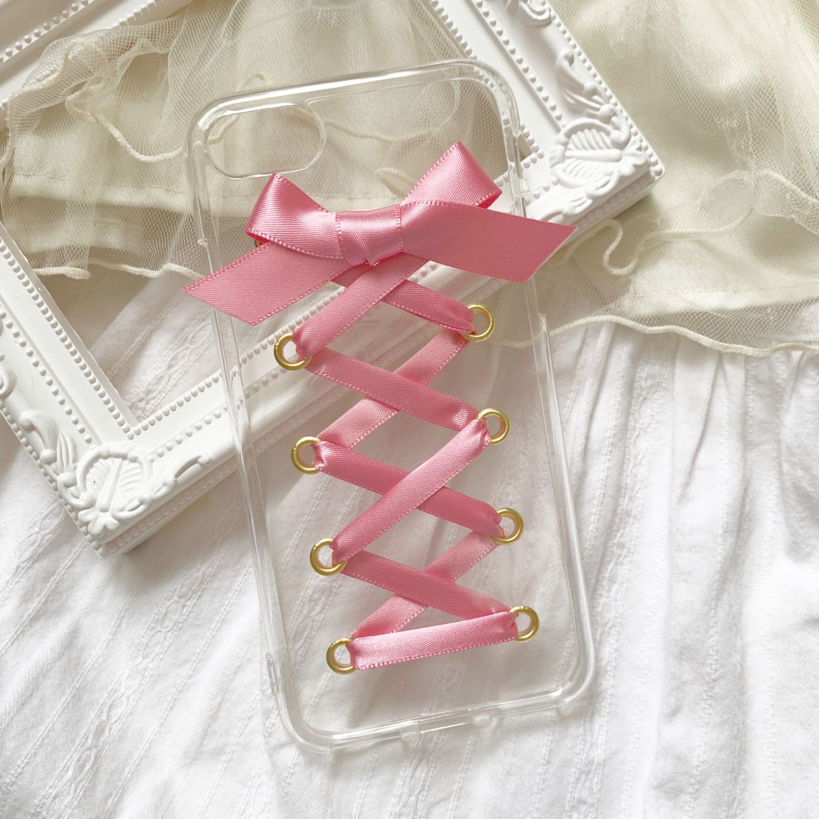 レースアップ スマホケース ♡ iPhone Android mobilephonecase 編み上げ Laceup リボン ribbon 推し活  量産型 地雷系 cute 韓国ファッション - メルカリ