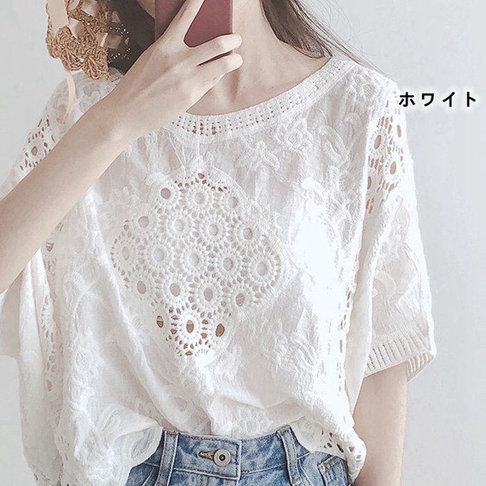 シャツ 夏 レディース ブラウス 刺繍 レース 半袖 プルオーバー 綿シャツ トップス 立体刺繍 透かし彫り シースルー コットン 薄手 かわいい 30代 40代 レース ブラウス レディース トップス 半袖 レースブラウス 夏