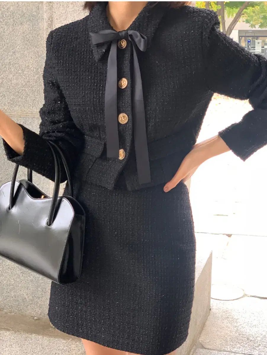 ブラック ツイード リボン ジャケット スカート セットアップ Daltt