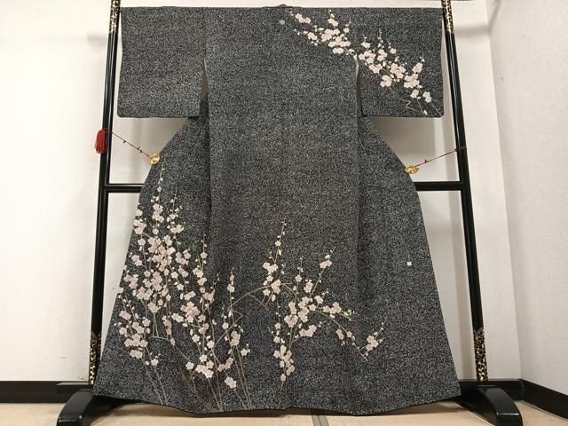 平和屋着物○訪問着 友禅 作家物 枝梅文 たたき染め 黒地 金彩 正絹