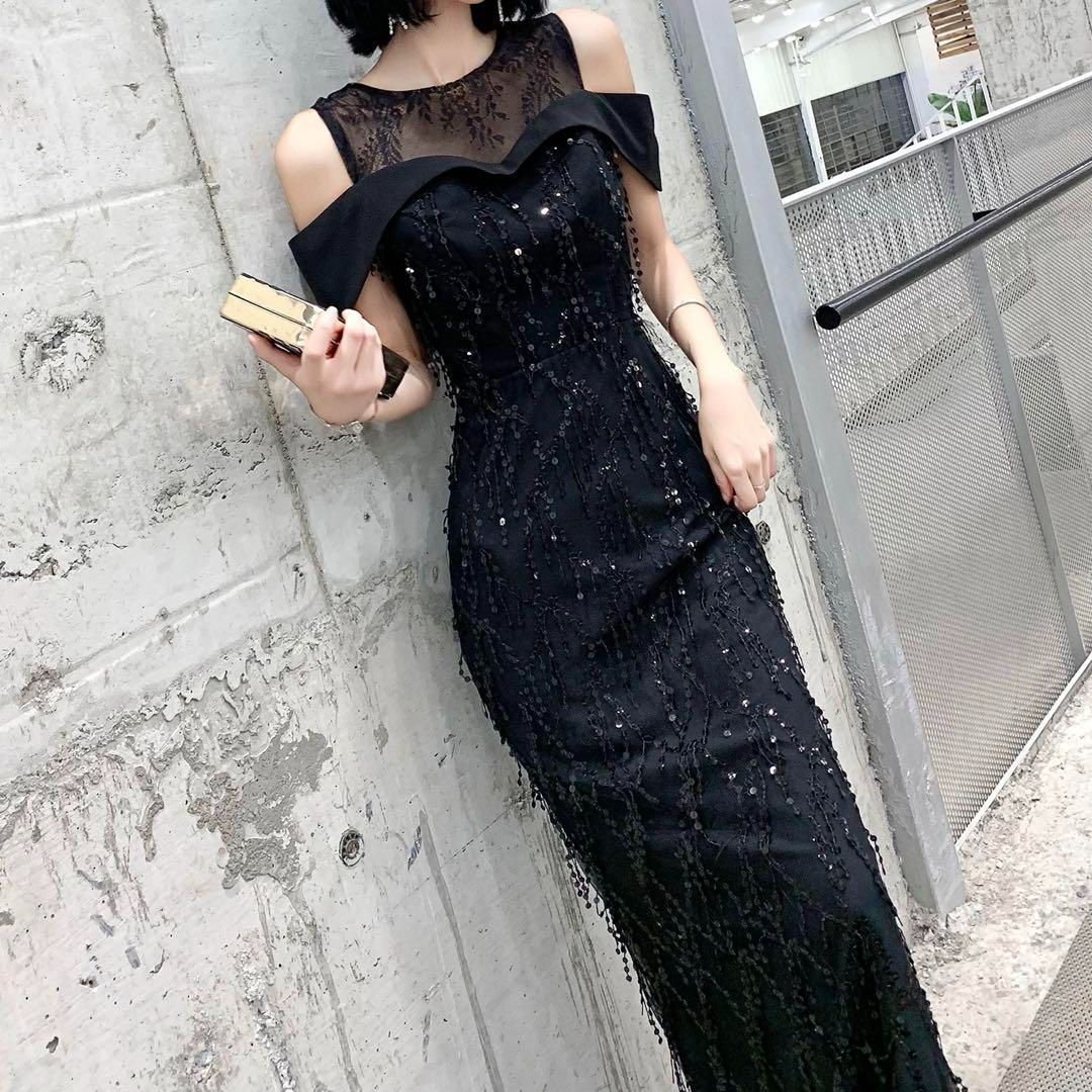 花柄レースにスパンコールが美しい オフショルイブニングドレス 新品未使用 レディースファッション 花柄レースにスパンコールが