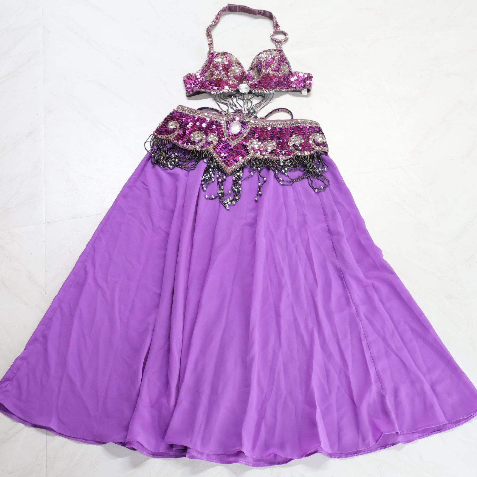 【ベリーダンス用オリエンタル衣装】スパンコール・ビジュー多数付き ブルー系 ベリーダンス用 オリエンタル衣装】パープル スパンコールラメ×ビーズ