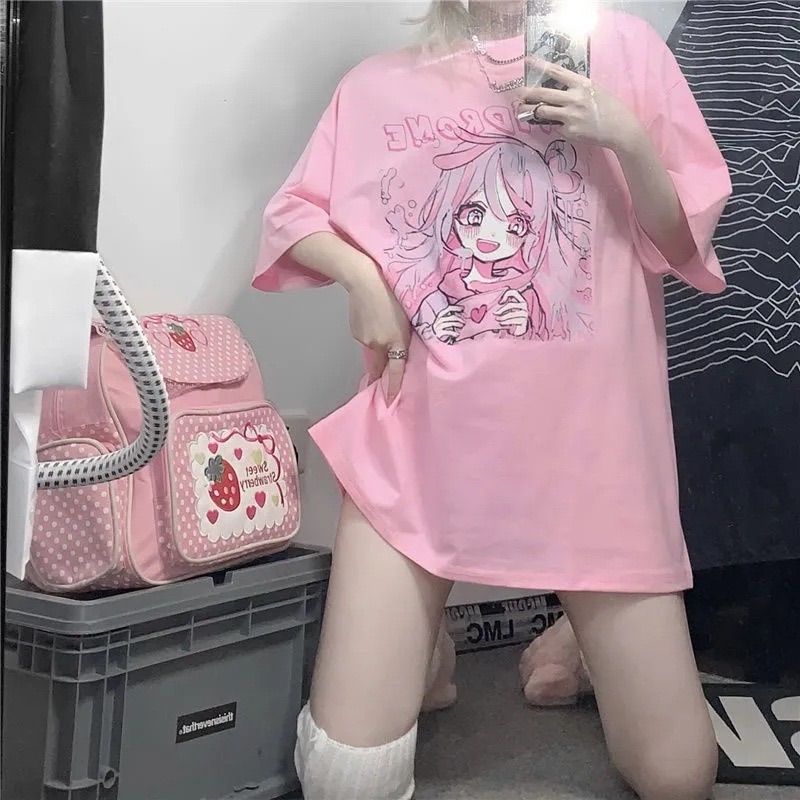 春服 夏服 半袖 Tシャツ ピンク 量産型 病みかわ アニメ プリント 韓国