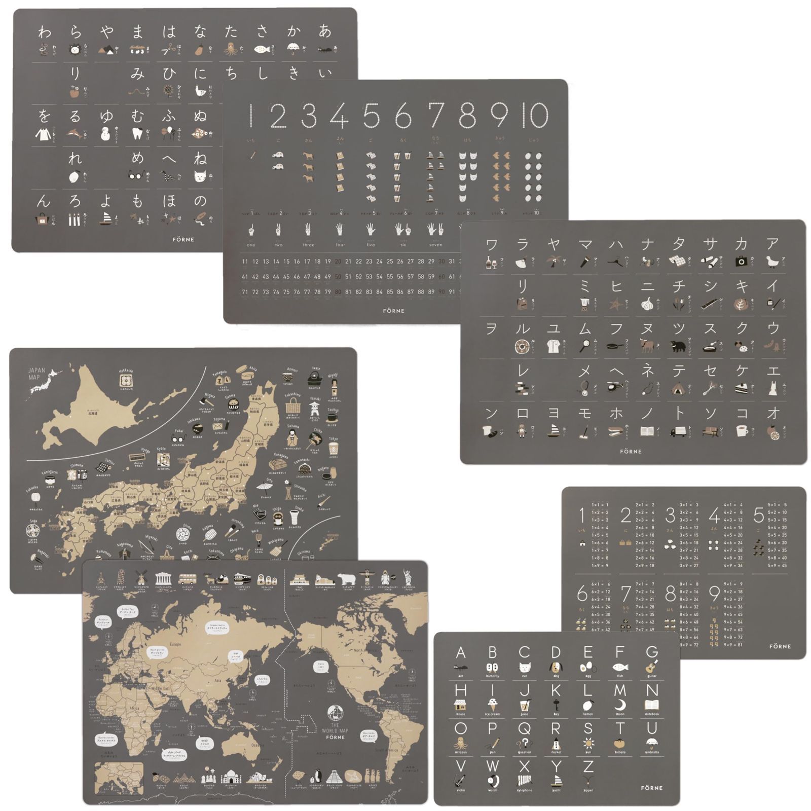 知育ポスター7枚セット ひらがな カタカナ アルファベット 数字 九九 日本地図 世界地図 お風呂の壁に貼れる チャコールグレー