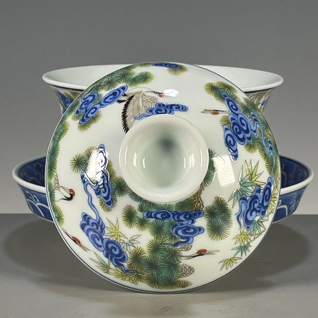 中国茶器 景德鎮 五色松鶴献寿図三才蓋碗 茶碗 新品未使用 中国茶器 景德鎮 五色松鶴献寿図三才蓋碗 茶碗 新品未使用