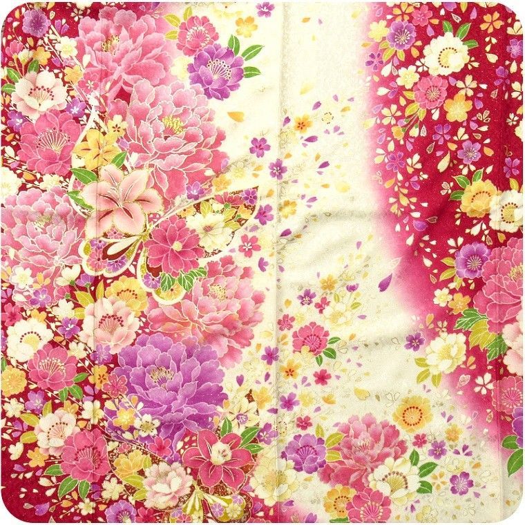 振袖 USED正絹仕立て上がり 赤 白 牡丹 ゆり 桜 蝶 Ｍサイズ  Aランク★ 振袖 USED正絹仕立て上がり 赤 白 牡丹 ゆり 桜 蝶 Mサイズ Aランク