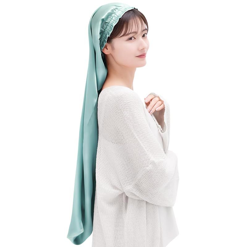 COCOSILK シルク ナイトキャップ ロングヘア用 シルクキャップ 筒型 ナイトキャップ ロング 髪 シルク 筒 ロングヘア 筒状 ヘアキャップ 90cm Free Size グリーン