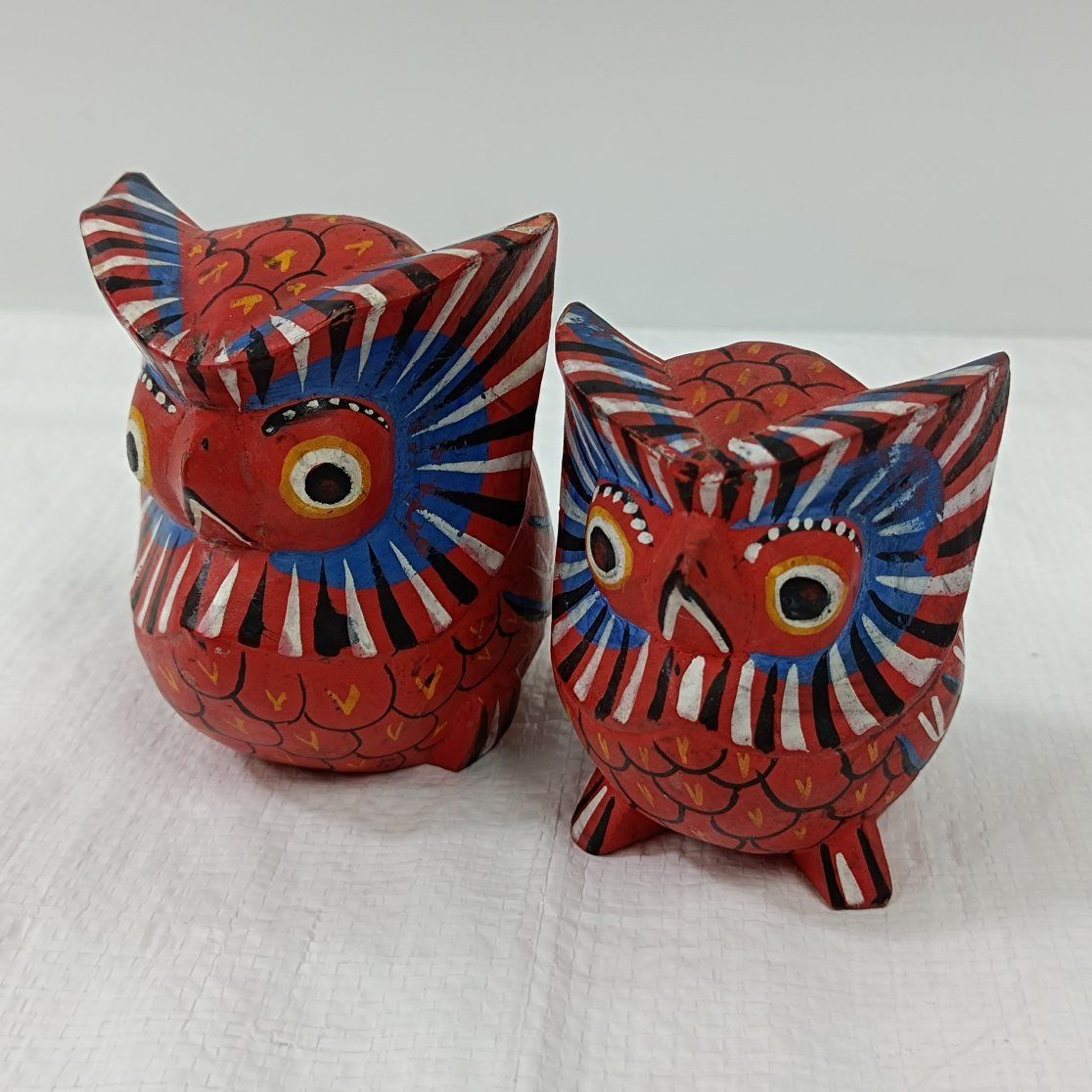 バリ島 フクロウ木彫りペア ハンドペイント 縁起物置物 オブジェ