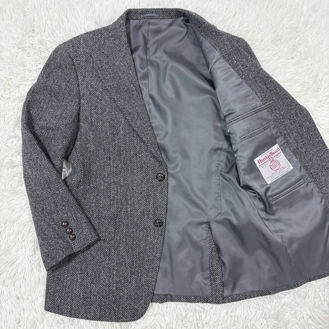 Harris Tweed ハリスツイード テーラードジャケット ヘリンボーン くるみボタン グレー M相当 ウール 秋冬 メンズ
