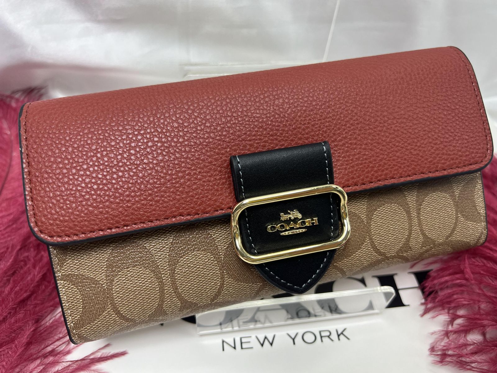 コーチ COACH 財布 長財布 三つ折り モーガン スリム ウォレット カラーブロック シグネチャー キャンバス プレゼント 贈り物 ギフト 財布 レディース ファッション ブランド 新品 未使用 A053ze9D