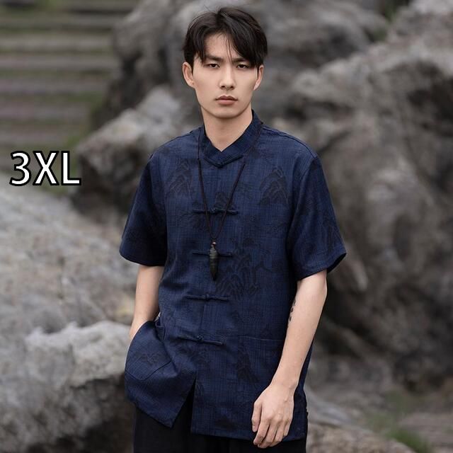 3XL メンズ ファッション 服 男性用 オシャレ シンプル 大人 かっこいい 大きいサイズ ストリート 紳士服 夏 スタイル トップス スタンドカラー ボタン 半袖 シャツ プリントチュニック スーツ カンフー 唐 スーツ 服 シャツ