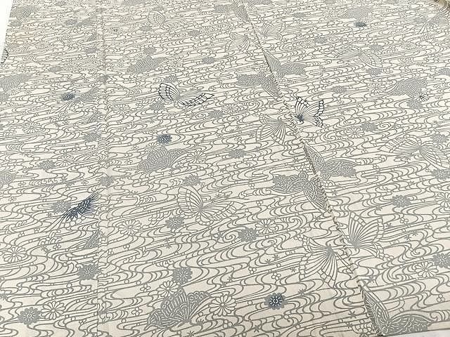 平和屋着物▽上質な小紋 単衣 型染め 流水花蝶文 正絹 逸品