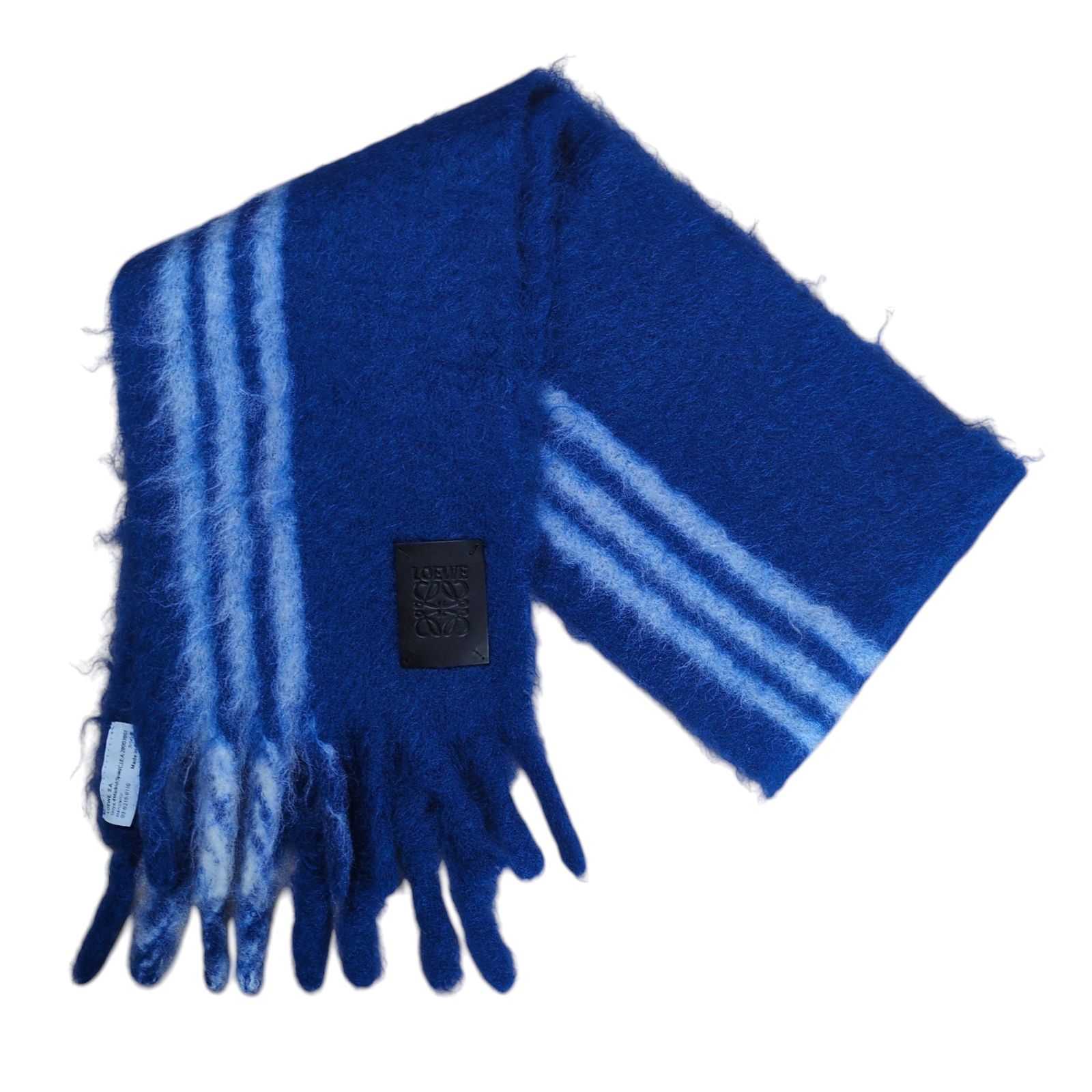 LOEWE Leather Logo Patch Blue Stripe Mohair Fringe Muffler