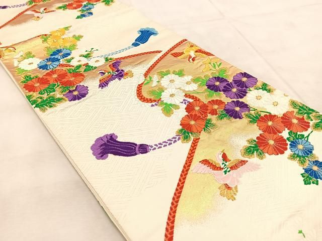 平和屋着物◎六通柄袋帯 唐織 菊花鳥文 金銀糸 正絹 逸品 BAAU9452yc
