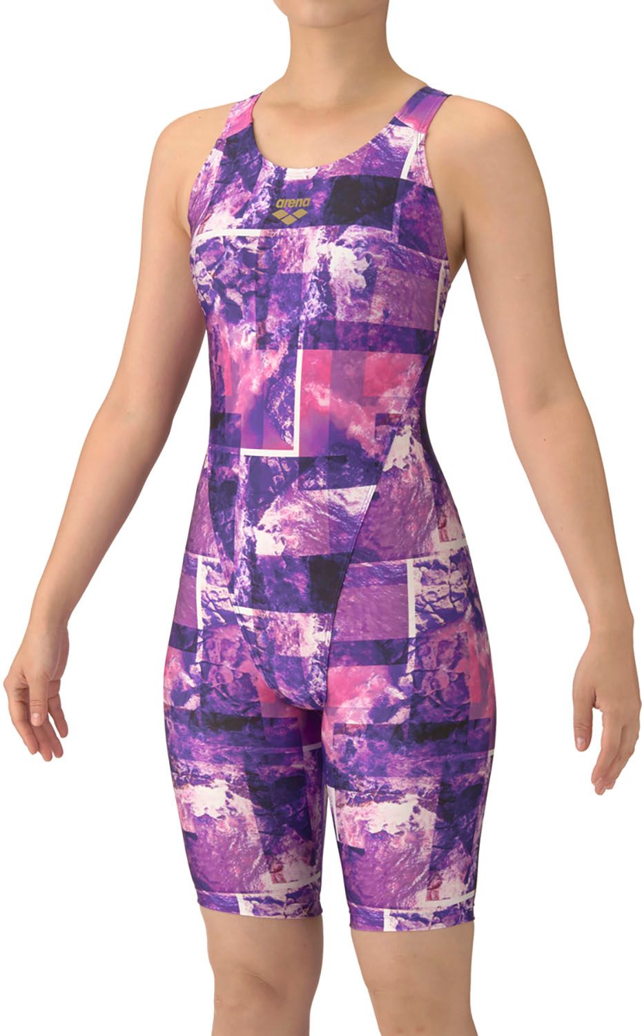 アリーナ arena スイミング フィットネスワンピーススパッツ オープンバック ハーフレッグ ぴったりパッド 水着 スイムウエア レディース 女性 大人 水泳 競泳 プール トレーニング 練習 AS5FWF05L PPGD パープル×ゴールド