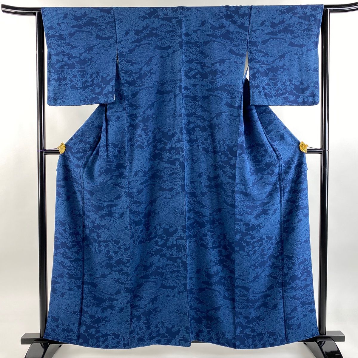 小紋 身丈159.5cm 裄丈64cm M 袷 草花 流水 藍色 正絹 秀品