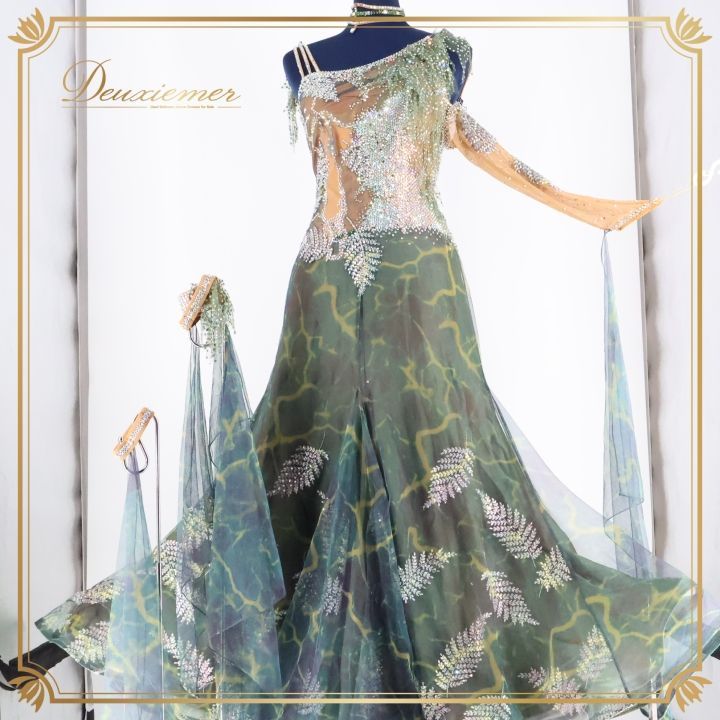 社交ダンス 衣装 ドレス ドレス ワンピース 緑 フロート レース 柄 模様 デモ 競技 珍しい パーティ 発表会 グリーン系 ベージュ系 カーキ系 エレガント 華やか 発表会用 演出用 感 女性用 ダンス衣装 競技会用