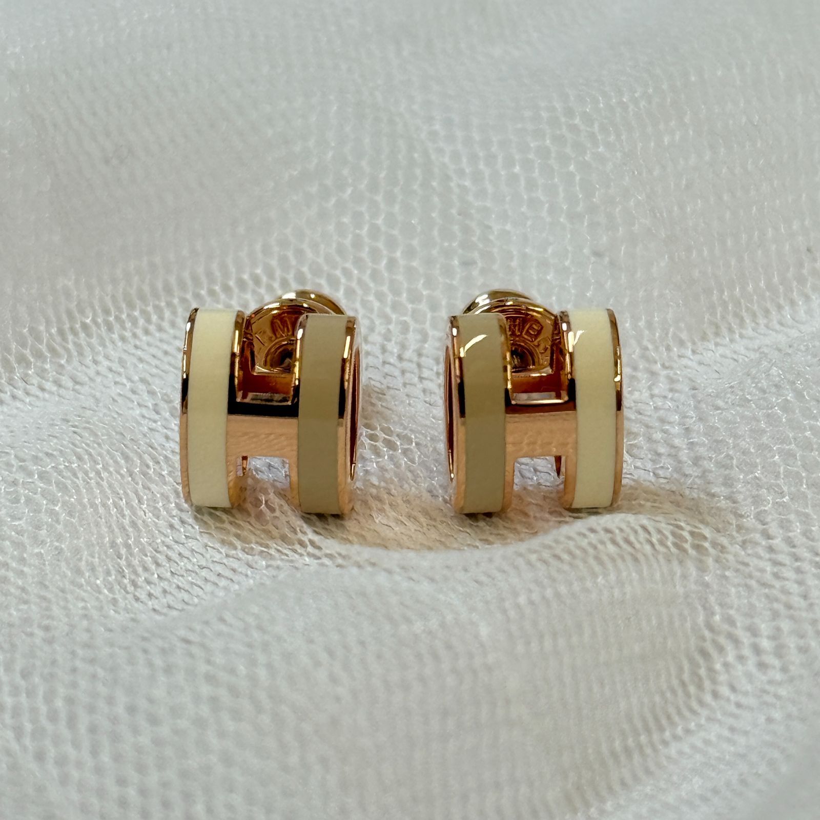 鑑定済み エルメス ミニ ポップH ロカバール ベージュ ホワイト ピンクゴールド メタル ピアス バイ