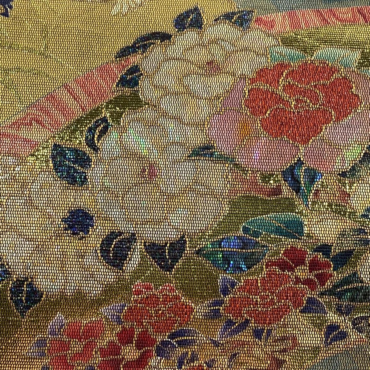R7aa87 袋帯 螺鈿 ゴールド オレンジ 華文 花 お太鼓柄 R7aa87 袋帯 螺鈿 ゴールド オレンジ 華文 花 お太鼓柄