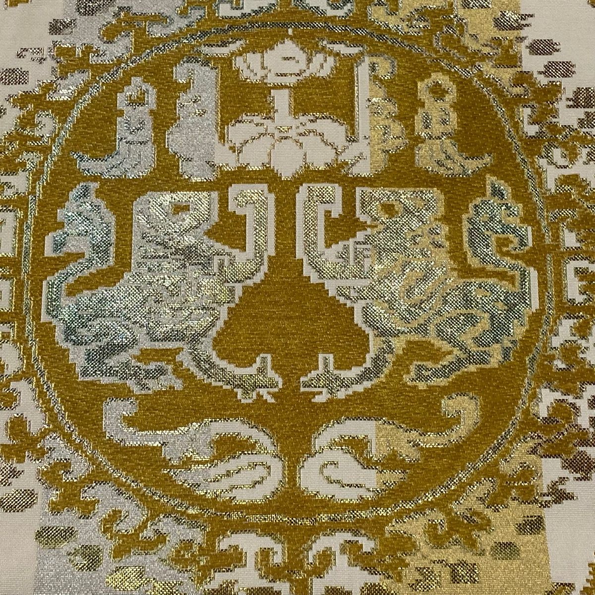 袋帯 逸品 龍村平蔵 落款 円文白虎錦 箔 ベージュ 六通 正絹