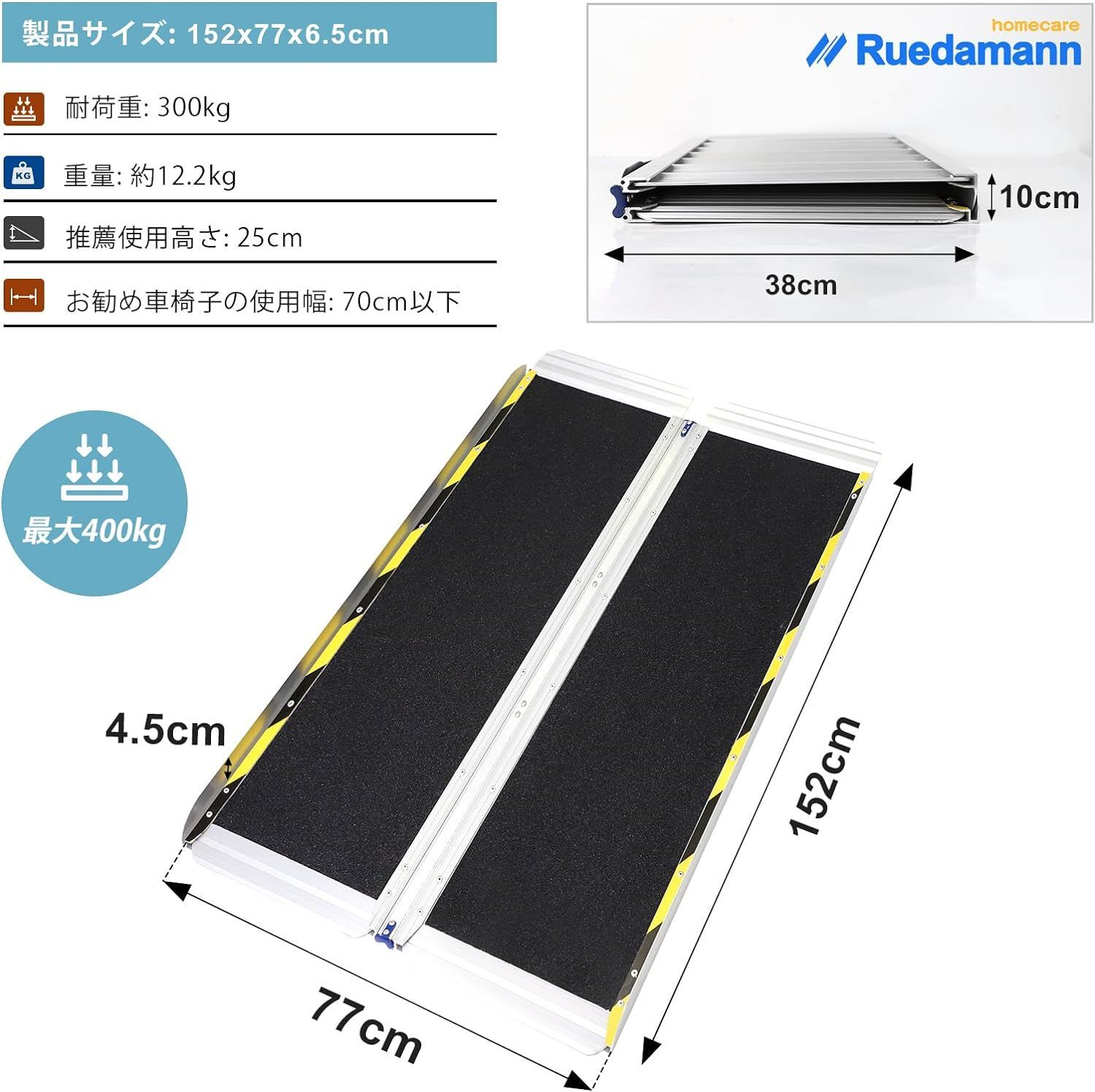 Ruedamann 長さ152cm*幅77cm*高さ6.5cm 耐荷重300kg 車椅子スロープ