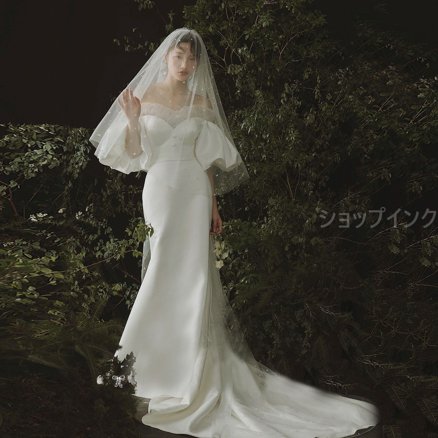 ウェディングドレス白 パーティードレス オフショルダー ロングトレーン 花嫁ロングドレス マーメイド 結婚式 ロング丈 袖付き 七分袖 パフスリーブ 二次会 挙式