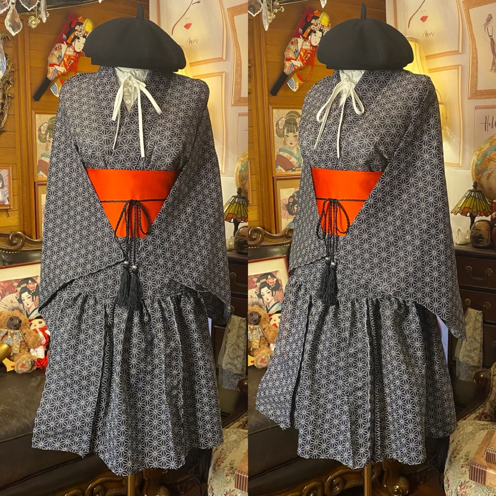 夏着物 2way ガウン 羽織り ドレス ワンピース ハンドメイド 和洋折衷 洗える 化繊 リメイク 帯サッシュベルト レトロ 古着 墨黒に近いチャコールの地に 生成りの点線で描いた麻の葉 KD-63