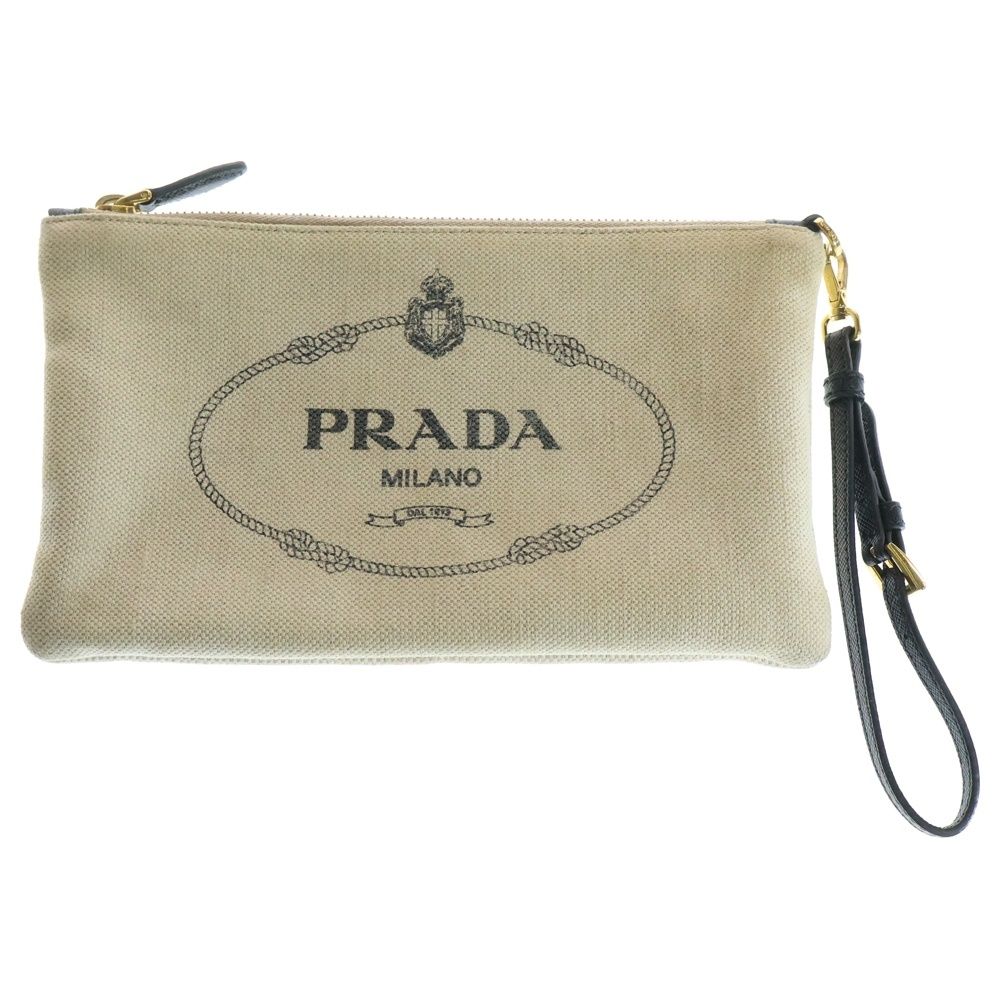 PRADA プラダ カナパ ロゴ ポーチ 小物入れ セカンドバッグ ゴールド金具 アイボリー キャンバス×レザー 1NH018