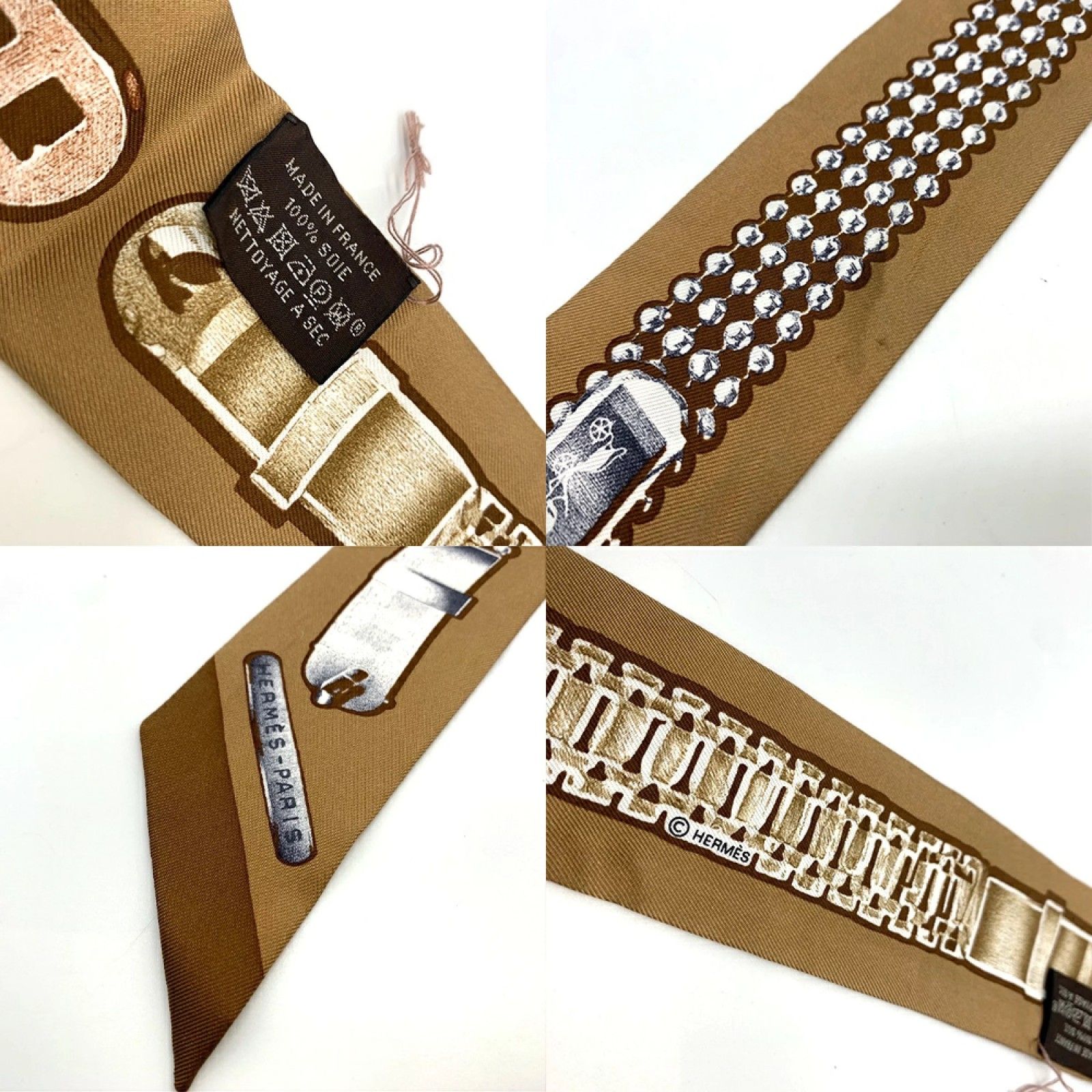 新品未使用タグ付 HERMES エルメス ツイリー ブラウン ベージュ ホワイト エルメス ツイリー ブラウン リボンスカーフ シルク100％ B