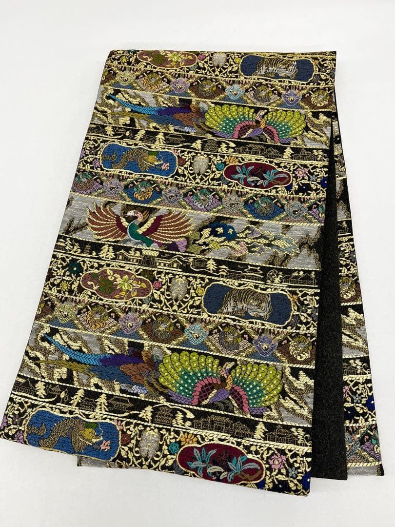 袋帯 龍 虎 孔雀 鳳凰 鳥 動物 金糸 正絹 Q945 袋帯 龍 虎 孔雀 鳳凰 鳥 動物 金糸 正絹 - メルカリ