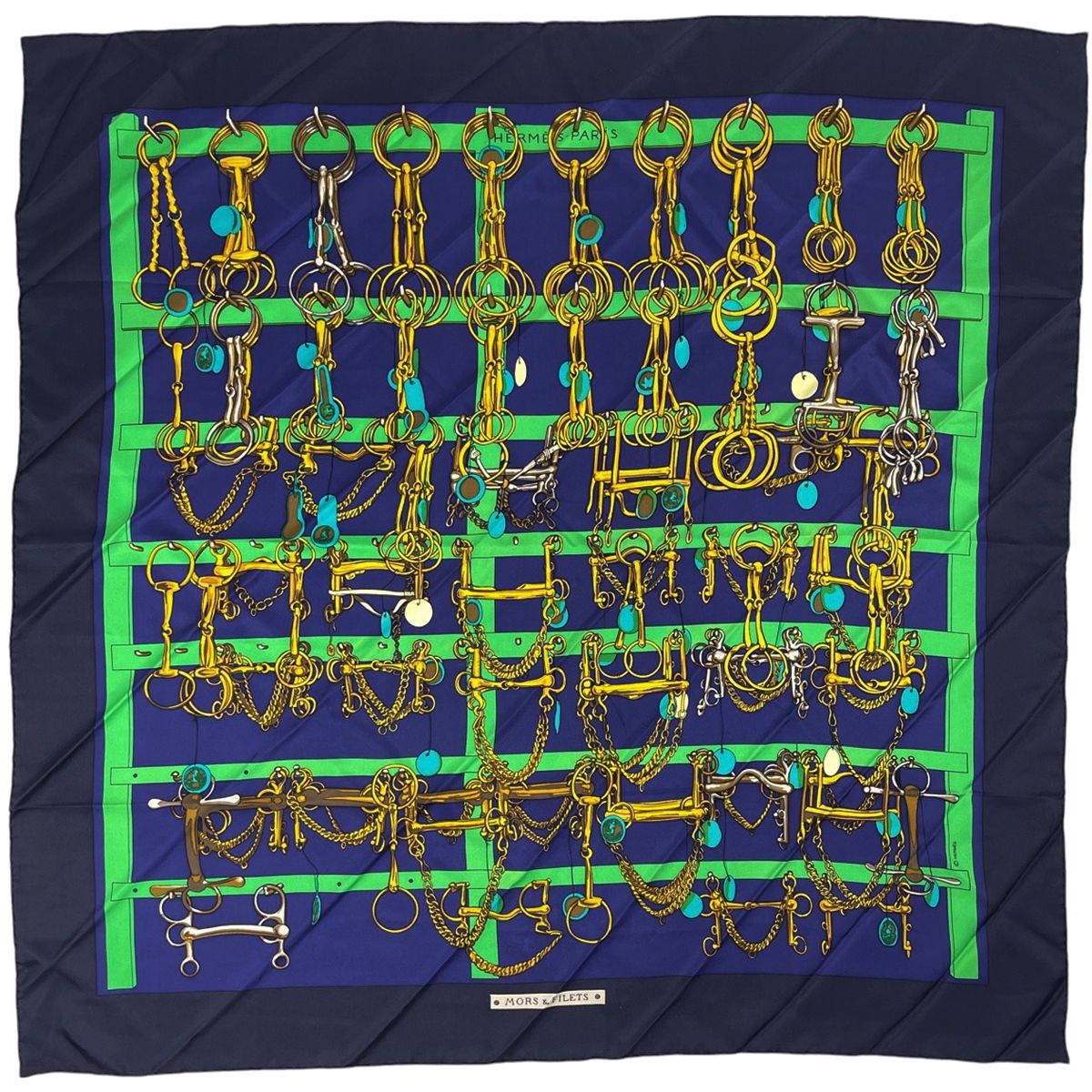エルメス HERMES カレ 90 MORS＆FILETS 馬具とビット スカーフ シルク ネイビー グリーン レディース
